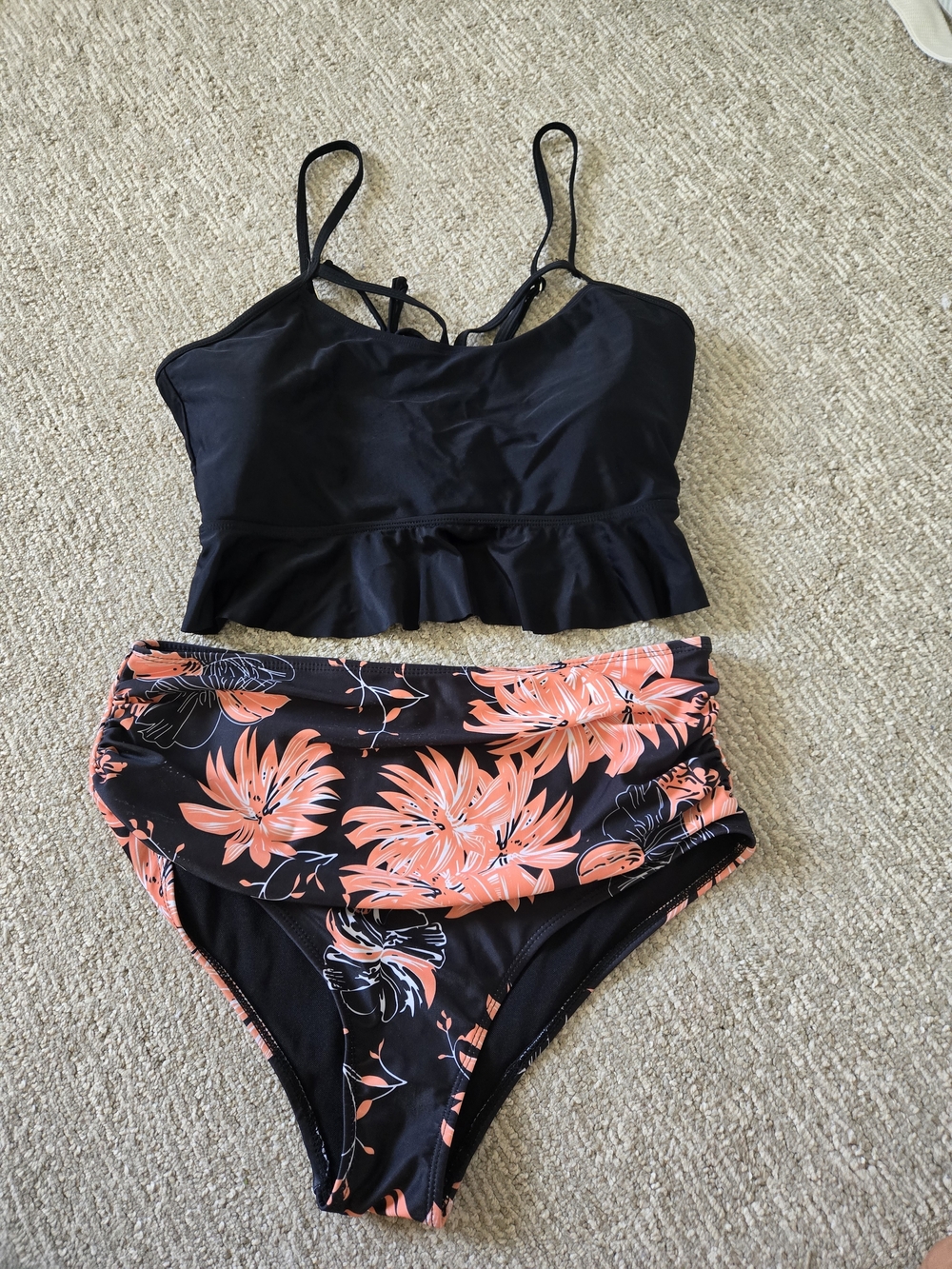 Black Ruffle Tankini Top with Black & Coral Floral High-Waist Bottoms